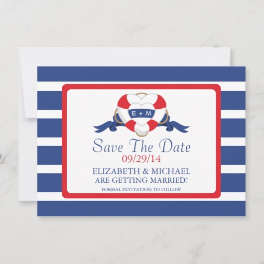 モダン航海のハートブイ日付の保存 招待状 (正面)