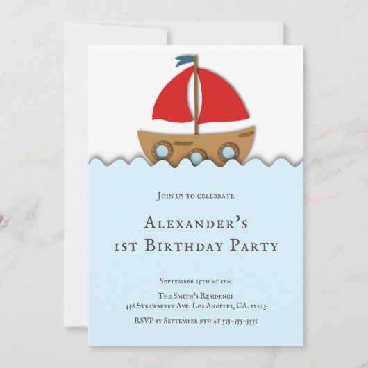 モダン航海の帆船ボーイファースト誕生日 招待状 (正面)