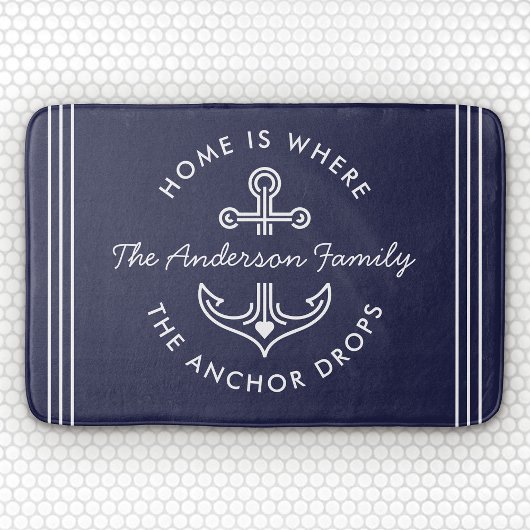 モダン航海の引用文カスタムファミリー名ネイビーブルー バスマット