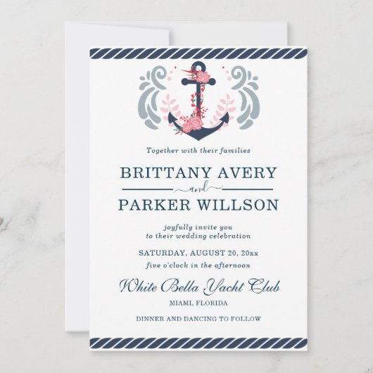 モダン航海の結婚いかり 招待状 (正面)