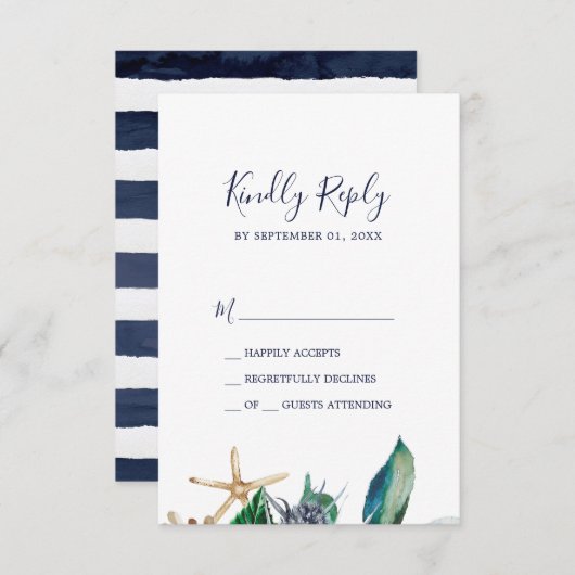 モダン航海の |グリーンとストライプRSVPカード 出欠カード (正面/裏面)
