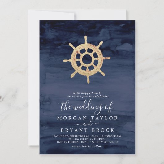 モダン航海の 船の舵結婚を切る 招待状 (正面)