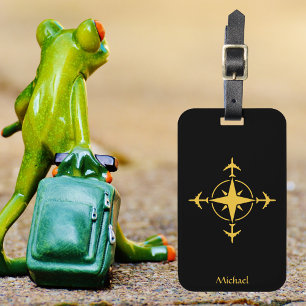 モダン航空コンパス & 飛行機, 黒カスタム ラゲッジタグ