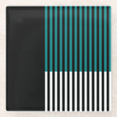 モダン色ブロックストライプのティール(緑がかった色)白黒 ガラスコースター (正面)