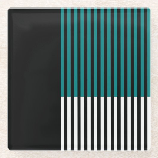 モダン色ブロックストライプのティール(緑がかった色)白黒 ガラスコースター (正面)