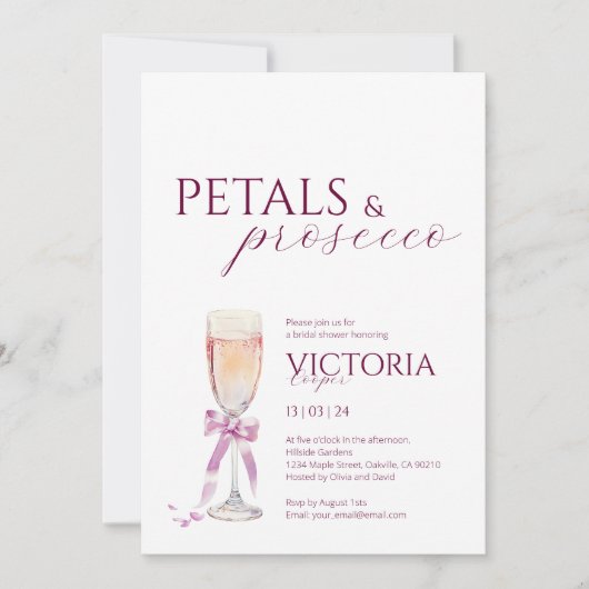 モダン花びらエレガントとプロセッコブライダルシャワー 招待状 (正面)