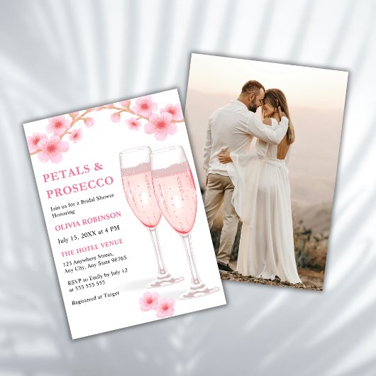 モダン花びら&プロセッコピンクフォトブライダルシャワー 招待状