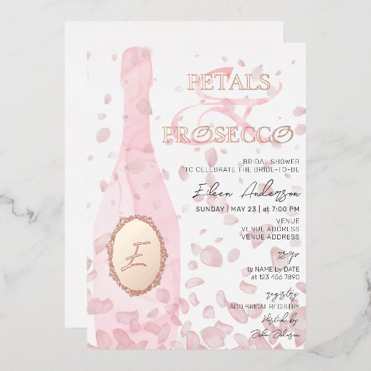 モダン花びら&プロセッコピンクローズブライダルシャワー 箔招待状 (正面/裏面)
