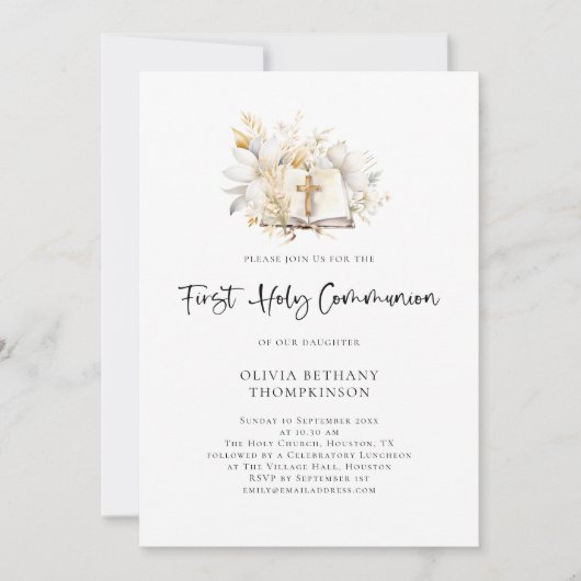 モダン花模様バイブル写真最初の聖餐式 招待状 (正面)