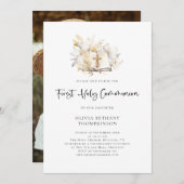 モダン花模様バイブル写真最初の聖餐式 招待状 (正面/裏面)