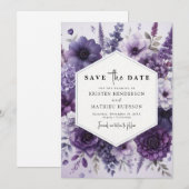 モダン花模様パープルフローラ結婚ズ セーブザデート (正面/裏面)