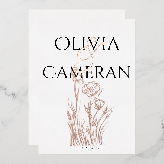 モダン花結婚の 箔招待状 (正面/裏面)