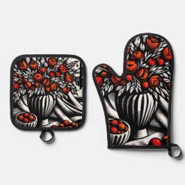 モダン芸術的窓のそばの花絵を描 鍋つかみ&鍋敷きセット