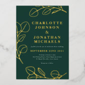 モダン葉シンプル金ゴールドグリーン 箔招待状 (正面)