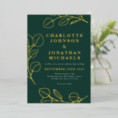 モダン葉シンプル金ゴールドグリーン 箔招待状 (立ち正面)
