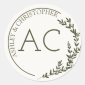 モダン葉フレームオリーブグリ結婚ーン ラウンドシール (正面)