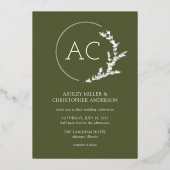 モダン葉フレームオリーブグリ結婚ーン 箔招待状 (正面)