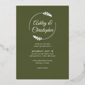 モダン葉フレームオリーブグリ結婚ーン 箔招待状 (正面)