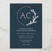 モダン葉フレーム青結婚青 箔招待状 (正面)