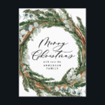 モダン葉ミニマルリース シーズンポストカード<br><div class="desc">葉モダンのリーススミニマルクリスムクリスマスの祝日クリスマスカード。手絵を描、松の木の枝、葉とラスミニマルトのラタンのリース与えは、このホリデーカード豪華なユーカリ。上品な緑、茶色、灰色。</div>