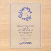 モダン葉付き花の紋章モノグラム結婚の アクリル招待状 (正面)