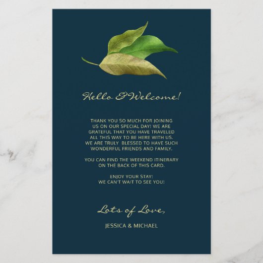 モダン葉深いブルーの結婚ウェルカム日程 (正面)