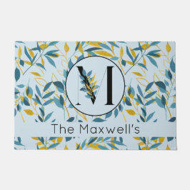 モダン葉Navy Blue金ゴールド「Letter M」 ドアマット