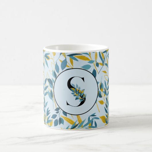 モダン葉Navy Blue金ゴールド「Letter S」 コーヒーマグカップ (中央)