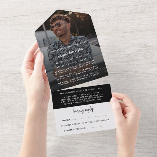 モダン葬 |生命の写真お祝いRSVP Al オールインワン招待状 (貼ってはがせる)