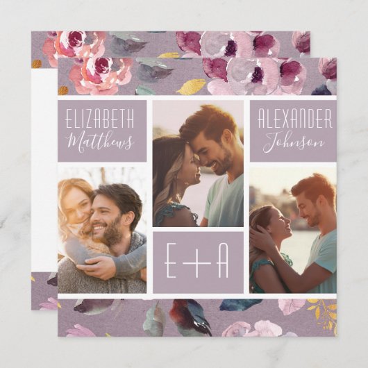 モダン薄紫フローラフォト結婚コラージュ 招待状 (正面/裏面)