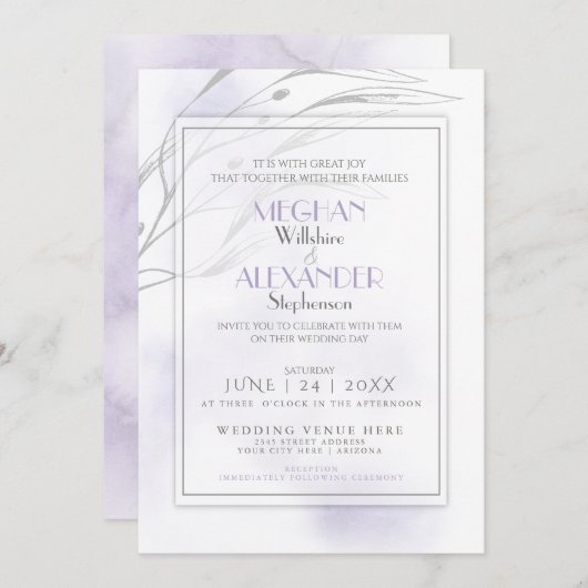 モダン薄紫水の色のスプラッシュ 招待状 (正面/裏面)