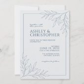 モダン藍青の葉の輪郭結婚写真 招待状 (正面)