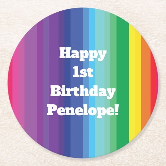 モダン虹カラフルの1歳のパーティー ラウンドペーパーコースター (正面)