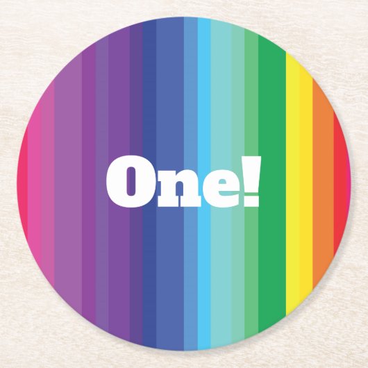 モダン虹カラフルの1歳のパーティー ラウンドペーパーコースター (正面)