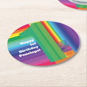 モダン虹カラフルの1歳のパーティー ラウンドペーパーコースター (アングル)