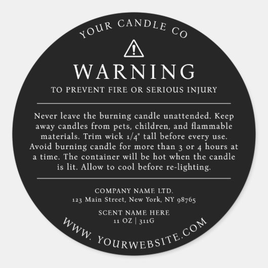 モダン蝋燭包警告装ラベル白黒 ラウンドシール (正面)