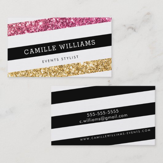 モダン角ミニマルストライプはっきりした金ゴールドピンクグリッター 名刺 (正面/裏面)