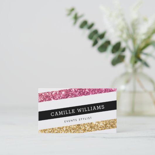 モダン角ミニマルストライプはっきりした金ゴールドピンクグリッター 名刺 (スタンド正面)