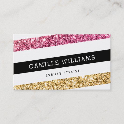 モダン角ミニマルストライプはっきりした金ゴールドピンクグリッター 名刺 (正面)