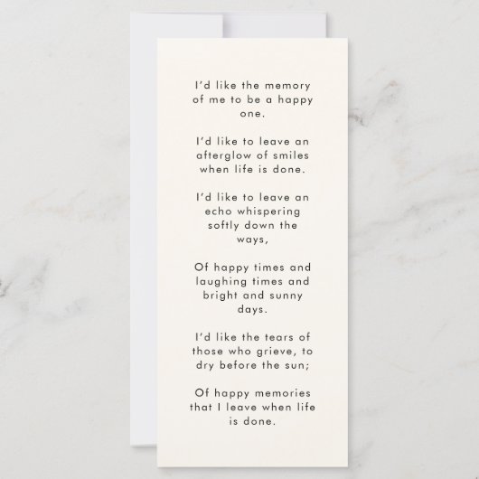 モダン記念写真 |葬式の詩の祈りの言葉カード (裏面)