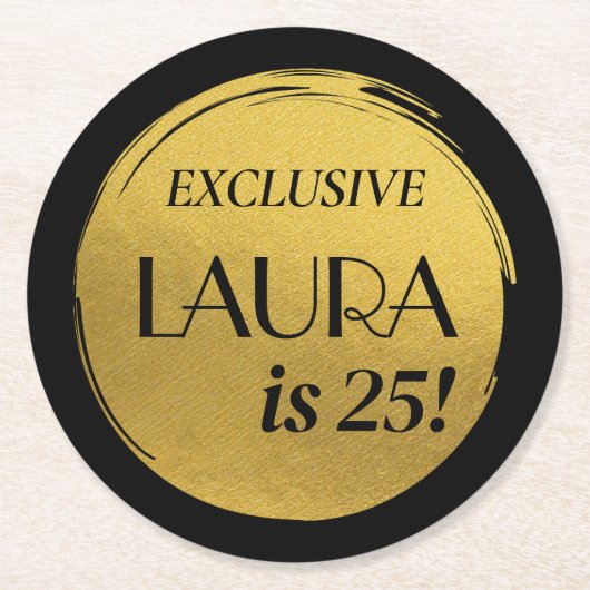 モダン誕生日ブラック金ゴールド ラウンドペーパーコースター (正面)