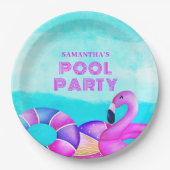 モダン誕生日プールパーティーピンクフラミンゴ ペーパープレート (正面)