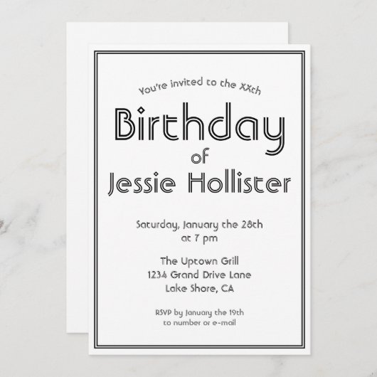 モダン誕生日招待状任意の年齢 |黒と白 招待状 (正面/裏面)