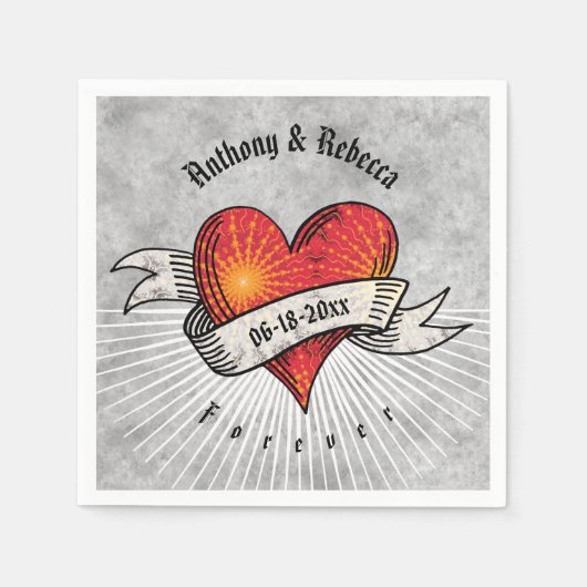 モダン赤いハートの名前と日付の追加 スタンダードカクテルナプキン (正面)