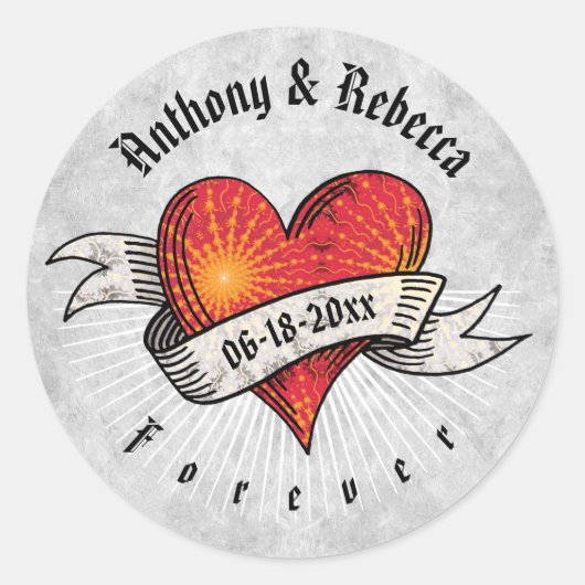 モダン赤いハートの名前と日付の追加 ラウンドシール (正面)