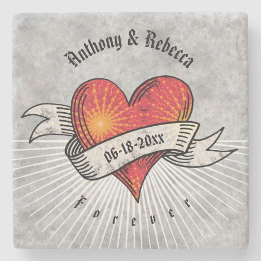 モダン赤いハートフラク結婚タル記念日 ストーンコースター (正面)