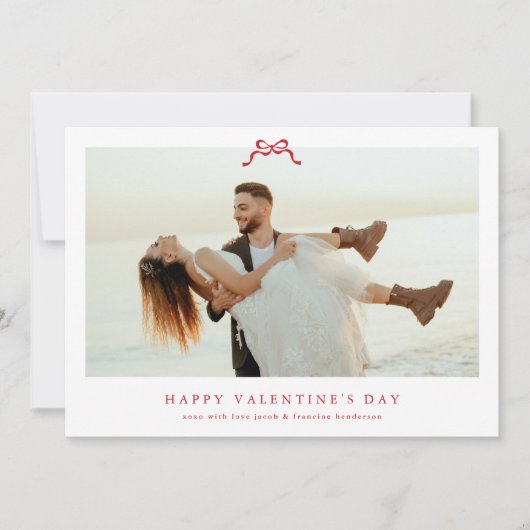 モダン赤いハートボウハッピーバレンタインデー写真 シーズンカード (正面)