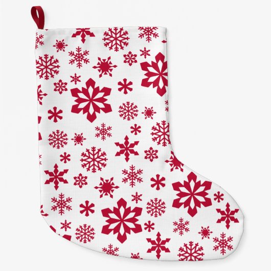 モダン赤と白雪片 ラージクリスマスストッキング (正面)