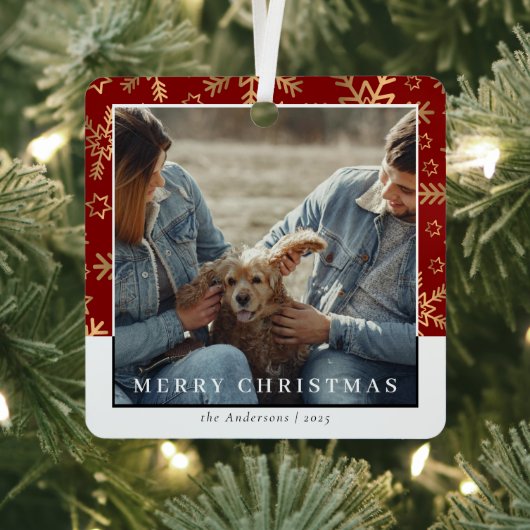 モダン赤スタイリッシュ金ゴールドクリスマスカップルの写真 メタルオーナメント (インサイチュ)