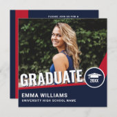 モダン赤白青 |写真大学院卒業 招待状 (正面/裏面)